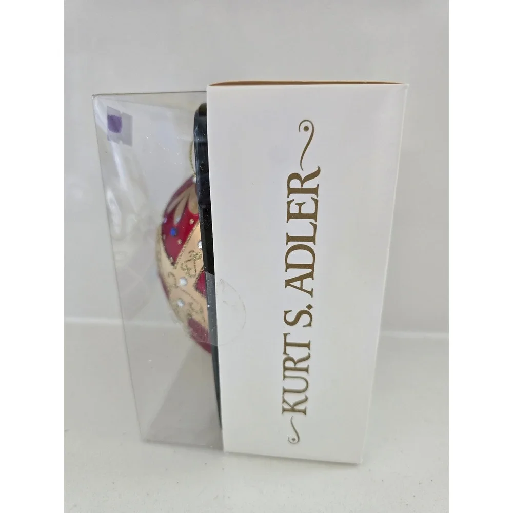 Kurt S Adler Red Gold Glass European Ornament Rhinestone Plaid GG0991 New